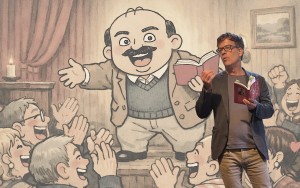 Autor Bernd Watzka, im Hintergrund
                                 seine Kunstfigur Herlicek 