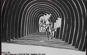 Eine Zeichnung in schwarz-weiß. Man sieht 3 Gestalten
                                 in einem Tunnel